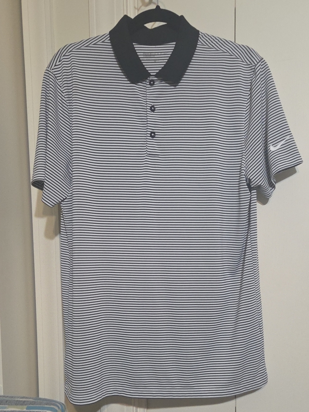 Nike Men’s Black and White Striped Polo with Contrast Collar